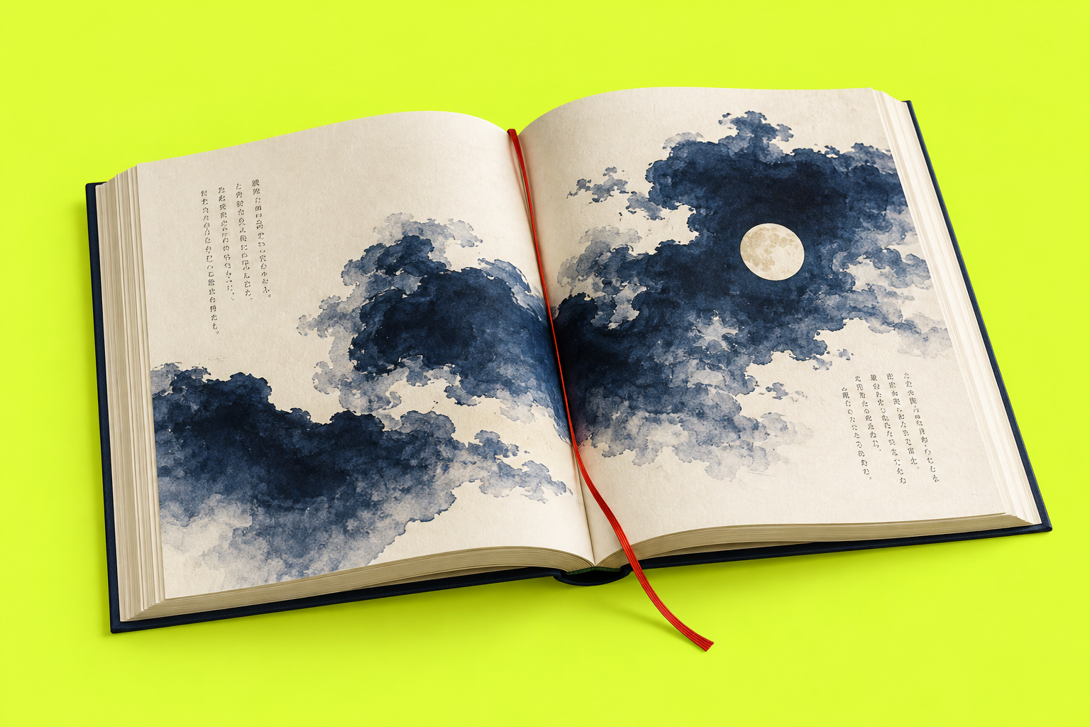 夜空のような藍色の水墨画が描かれた見開きの本
